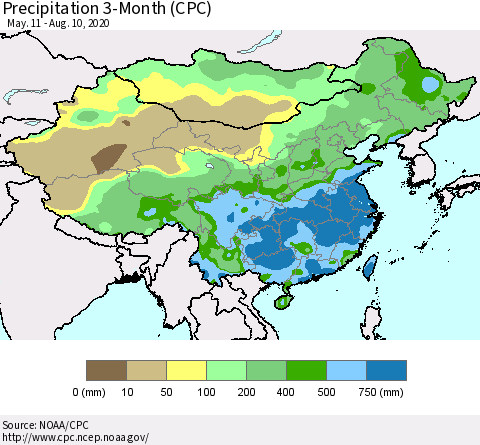 China, Mongolia and Taiwan Precipitation 3-Month (CPC) Thematic Map For 5/11/2020 - 8/10/2020