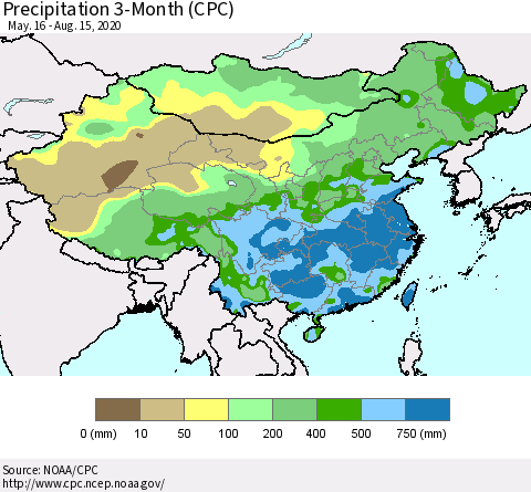 China, Mongolia and Taiwan Precipitation 3-Month (CPC) Thematic Map For 5/16/2020 - 8/15/2020