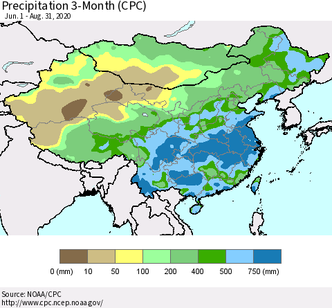 China, Mongolia and Taiwan Precipitation 3-Month (CPC) Thematic Map For 6/1/2020 - 8/31/2020