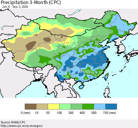 China, Mongolia and Taiwan Precipitation 3-Month (CPC) Thematic Map For 6/6/2020 - 9/5/2020