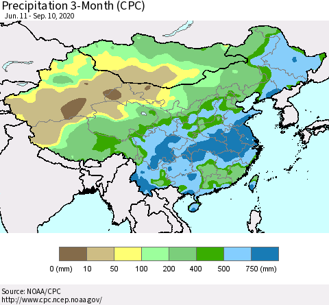China, Mongolia and Taiwan Precipitation 3-Month (CPC) Thematic Map For 6/11/2020 - 9/10/2020