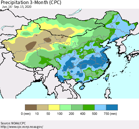 China, Mongolia and Taiwan Precipitation 3-Month (CPC) Thematic Map For 6/16/2020 - 9/15/2020