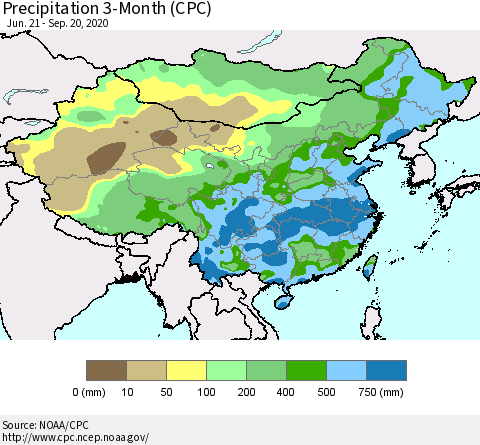China, Mongolia and Taiwan Precipitation 3-Month (CPC) Thematic Map For 6/21/2020 - 9/20/2020