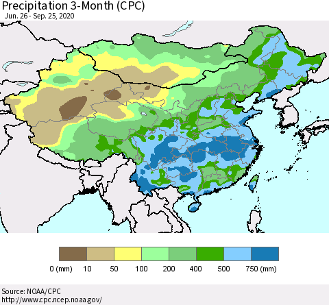 China, Mongolia and Taiwan Precipitation 3-Month (CPC) Thematic Map For 6/26/2020 - 9/25/2020