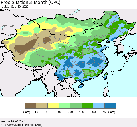 China, Mongolia and Taiwan Precipitation 3-Month (CPC) Thematic Map For 7/1/2020 - 9/30/2020