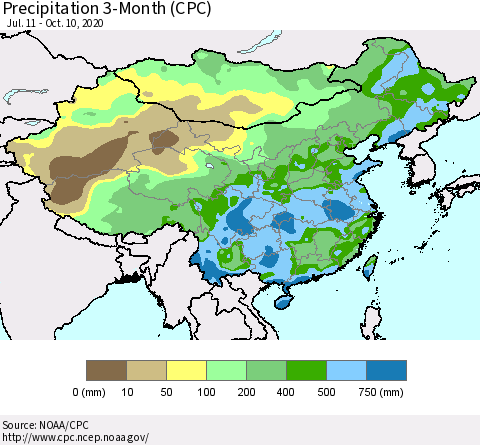 China, Mongolia and Taiwan Precipitation 3-Month (CPC) Thematic Map For 7/11/2020 - 10/10/2020