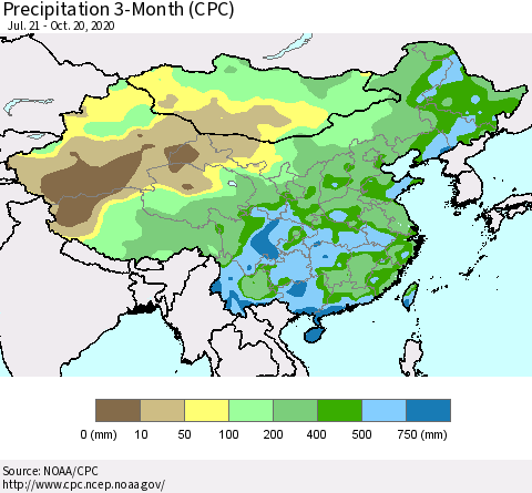 China, Mongolia and Taiwan Precipitation 3-Month (CPC) Thematic Map For 7/21/2020 - 10/20/2020