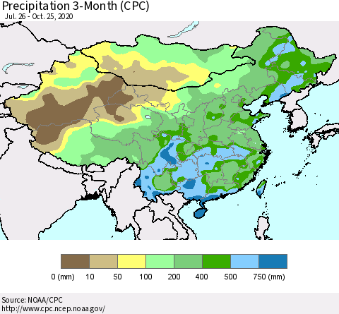 China, Mongolia and Taiwan Precipitation 3-Month (CPC) Thematic Map For 7/26/2020 - 10/25/2020
