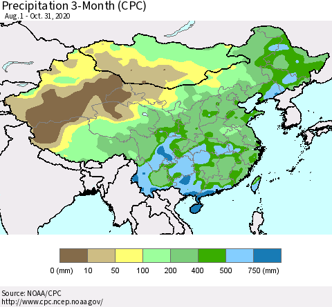 China, Mongolia and Taiwan Precipitation 3-Month (CPC) Thematic Map For 8/1/2020 - 10/31/2020
