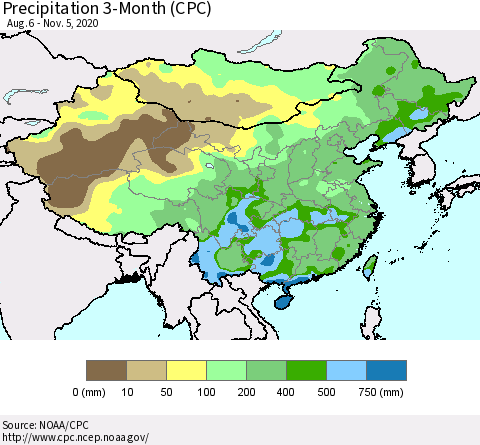 China, Mongolia and Taiwan Precipitation 3-Month (CPC) Thematic Map For 8/6/2020 - 11/5/2020
