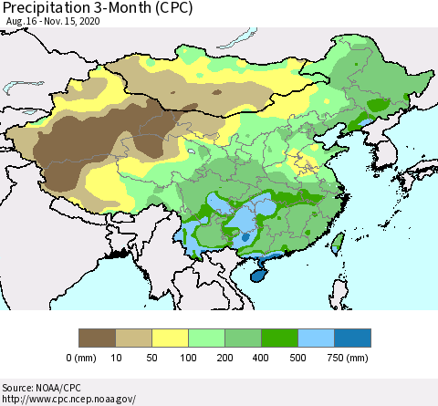 China, Mongolia and Taiwan Precipitation 3-Month (CPC) Thematic Map For 8/16/2020 - 11/15/2020