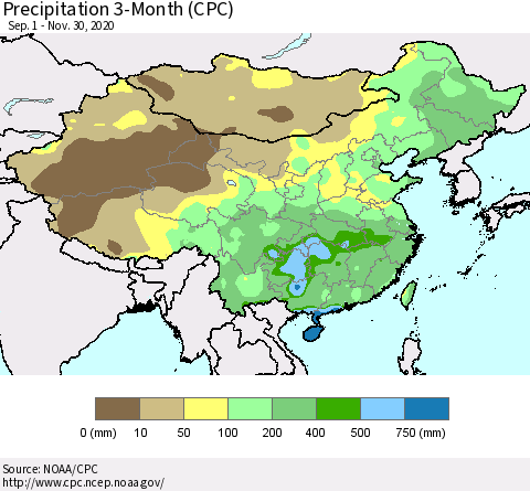 China, Mongolia and Taiwan Precipitation 3-Month (CPC) Thematic Map For 9/1/2020 - 11/30/2020