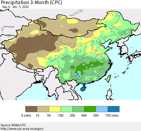 China, Mongolia and Taiwan Precipitation 3-Month (CPC) Thematic Map For 9/6/2020 - 12/5/2020