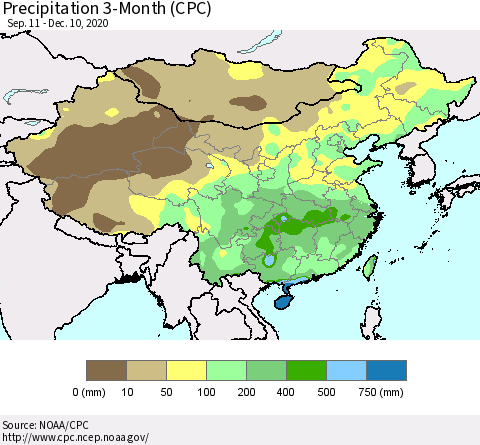 China, Mongolia and Taiwan Precipitation 3-Month (CPC) Thematic Map For 9/11/2020 - 12/10/2020