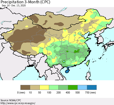 China, Mongolia and Taiwan Precipitation 3-Month (CPC) Thematic Map For 9/16/2020 - 12/15/2020