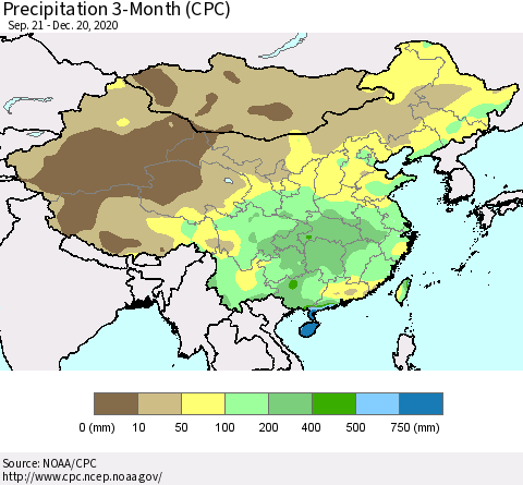 China, Mongolia and Taiwan Precipitation 3-Month (CPC) Thematic Map For 9/21/2020 - 12/20/2020