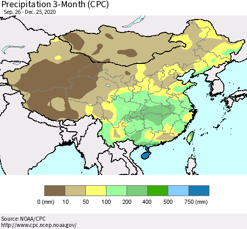 China, Mongolia and Taiwan Precipitation 3-Month (CPC) Thematic Map For 9/26/2020 - 12/25/2020