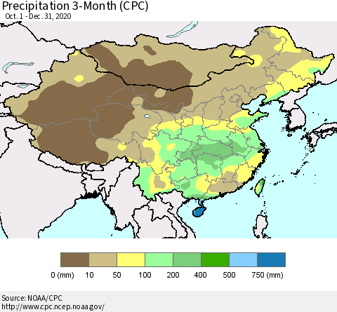 China, Mongolia and Taiwan Precipitation 3-Month (CPC) Thematic Map For 10/1/2020 - 12/31/2020