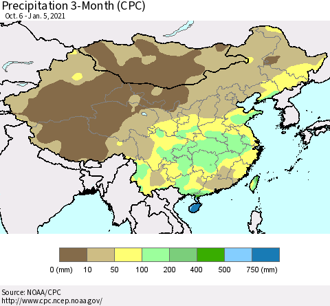 China, Mongolia and Taiwan Precipitation 3-Month (CPC) Thematic Map For 10/6/2020 - 1/5/2021