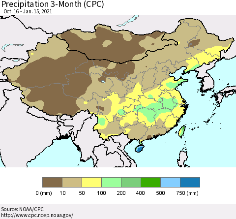 China, Mongolia and Taiwan Precipitation 3-Month (CPC) Thematic Map For 10/16/2020 - 1/15/2021