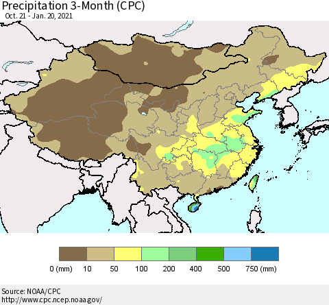 China, Mongolia and Taiwan Precipitation 3-Month (CPC) Thematic Map For 10/21/2020 - 1/20/2021