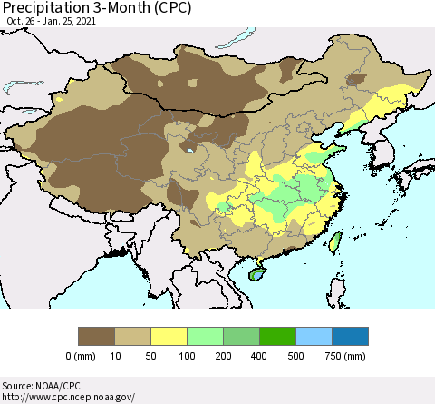 China, Mongolia and Taiwan Precipitation 3-Month (CPC) Thematic Map For 10/26/2020 - 1/25/2021