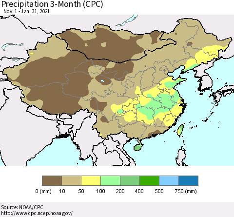 China, Mongolia and Taiwan Precipitation 3-Month (CPC) Thematic Map For 11/1/2020 - 1/31/2021