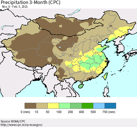 China, Mongolia and Taiwan Precipitation 3-Month (CPC) Thematic Map For 11/6/2020 - 2/5/2021