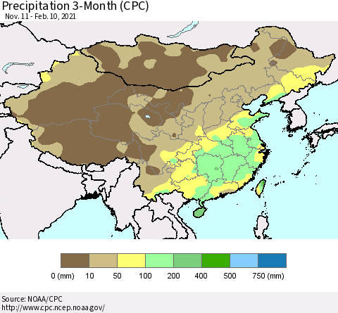 China, Mongolia and Taiwan Precipitation 3-Month (CPC) Thematic Map For 11/11/2020 - 2/10/2021