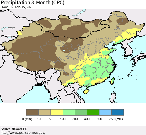 China, Mongolia and Taiwan Precipitation 3-Month (CPC) Thematic Map For 11/16/2020 - 2/15/2021
