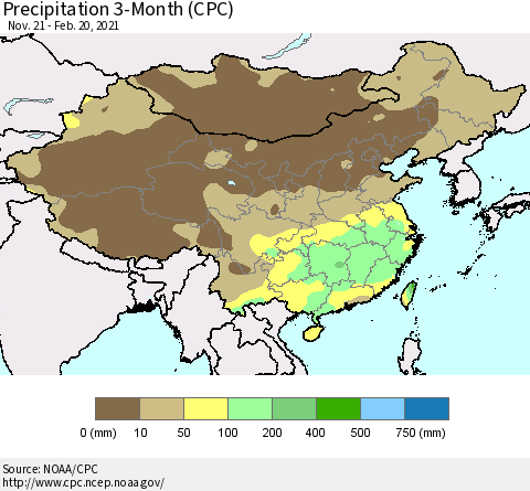 China, Mongolia and Taiwan Precipitation 3-Month (CPC) Thematic Map For 11/21/2020 - 2/20/2021
