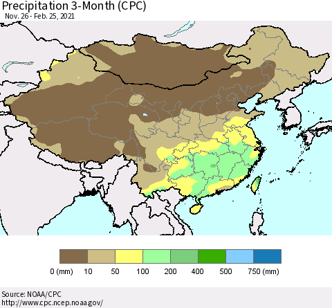 China, Mongolia and Taiwan Precipitation 3-Month (CPC) Thematic Map For 11/26/2020 - 2/25/2021