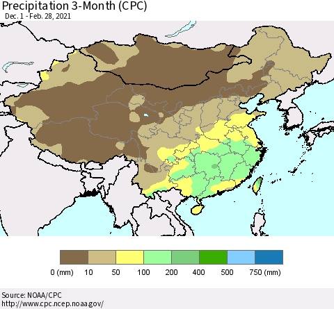 China, Mongolia and Taiwan Precipitation 3-Month (CPC) Thematic Map For 12/1/2020 - 2/28/2021
