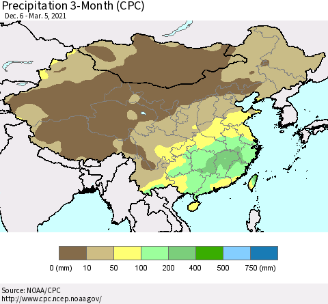 China, Mongolia and Taiwan Precipitation 3-Month (CPC) Thematic Map For 12/6/2020 - 3/5/2021