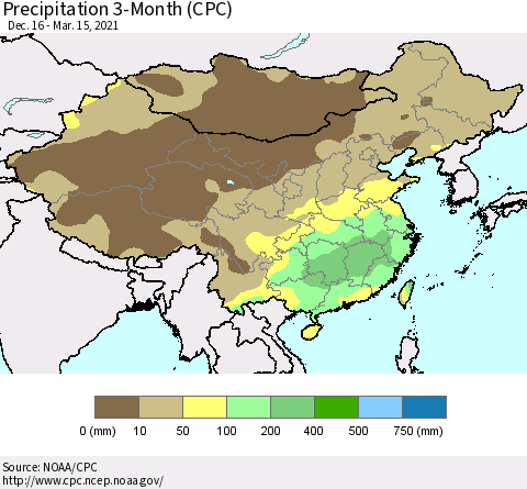 China, Mongolia and Taiwan Precipitation 3-Month (CPC) Thematic Map For 12/16/2020 - 3/15/2021