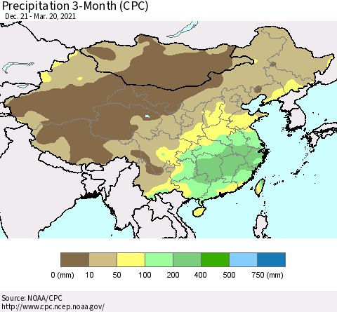 China, Mongolia and Taiwan Precipitation 3-Month (CPC) Thematic Map For 12/21/2020 - 3/20/2021