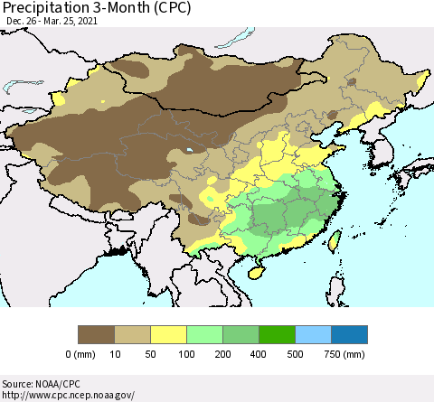 China, Mongolia and Taiwan Precipitation 3-Month (CPC) Thematic Map For 12/26/2020 - 3/25/2021
