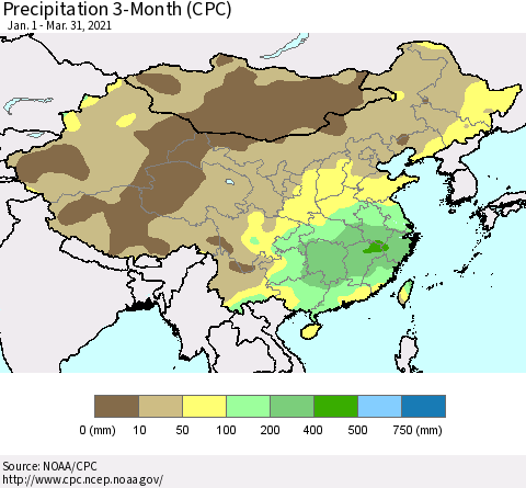 China, Mongolia and Taiwan Precipitation 3-Month (CPC) Thematic Map For 1/1/2021 - 3/31/2021