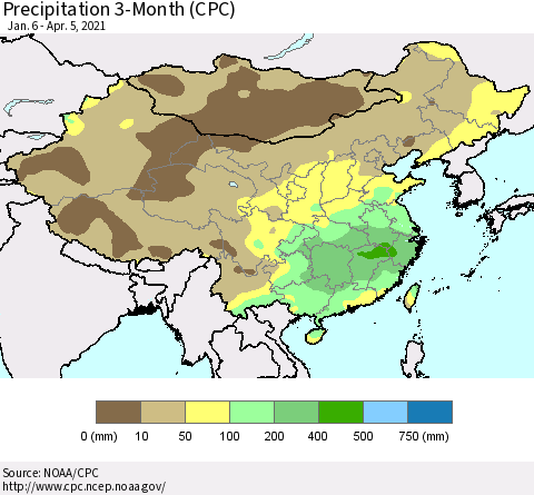 China, Mongolia and Taiwan Precipitation 3-Month (CPC) Thematic Map For 1/6/2021 - 4/5/2021