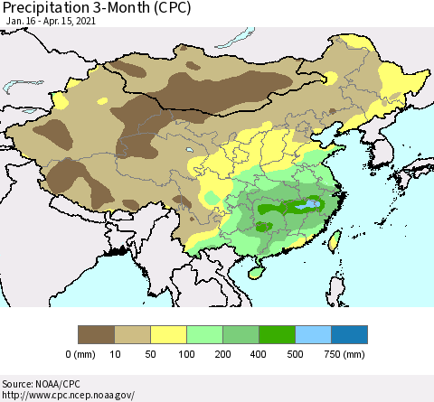 China, Mongolia and Taiwan Precipitation 3-Month (CPC) Thematic Map For 1/16/2021 - 4/15/2021