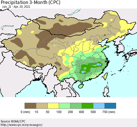 China, Mongolia and Taiwan Precipitation 3-Month (CPC) Thematic Map For 1/21/2021 - 4/20/2021