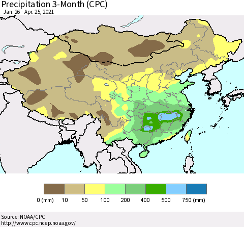 China, Mongolia and Taiwan Precipitation 3-Month (CPC) Thematic Map For 1/26/2021 - 4/25/2021
