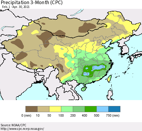 China, Mongolia and Taiwan Precipitation 3-Month (CPC) Thematic Map For 2/1/2021 - 4/30/2021