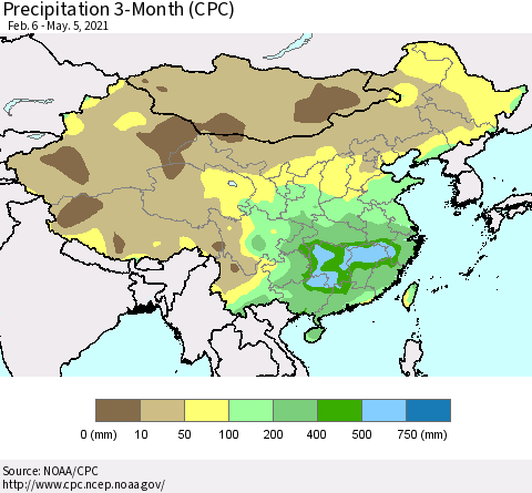 China, Mongolia and Taiwan Precipitation 3-Month (CPC) Thematic Map For 2/6/2021 - 5/5/2021