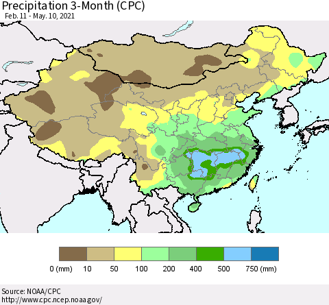 China, Mongolia and Taiwan Precipitation 3-Month (CPC) Thematic Map For 2/11/2021 - 5/10/2021