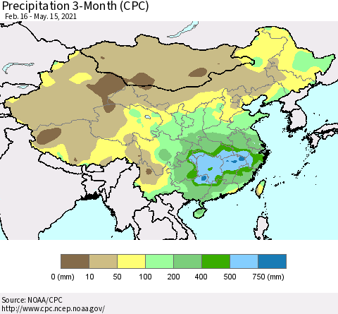 China, Mongolia and Taiwan Precipitation 3-Month (CPC) Thematic Map For 2/16/2021 - 5/15/2021