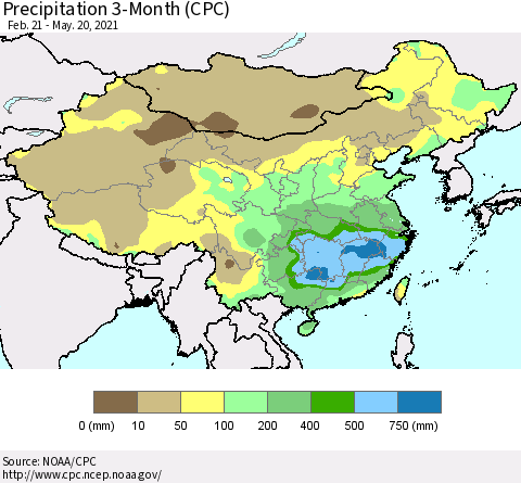 China, Mongolia and Taiwan Precipitation 3-Month (CPC) Thematic Map For 2/21/2021 - 5/20/2021