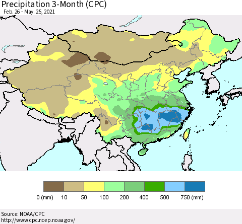 China, Mongolia and Taiwan Precipitation 3-Month (CPC) Thematic Map For 2/26/2021 - 5/25/2021