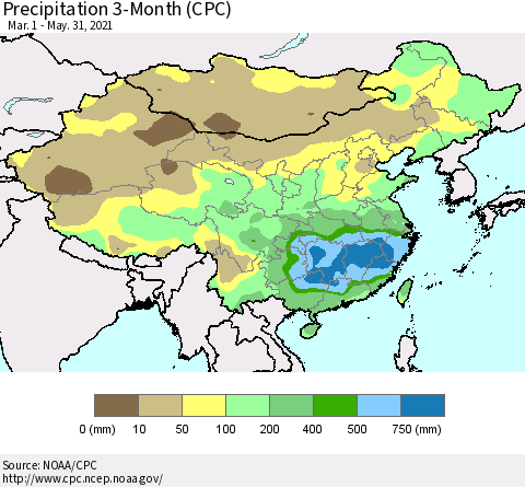 China, Mongolia and Taiwan Precipitation 3-Month (CPC) Thematic Map For 3/1/2021 - 5/31/2021