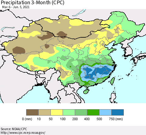 China, Mongolia and Taiwan Precipitation 3-Month (CPC) Thematic Map For 3/6/2021 - 6/5/2021